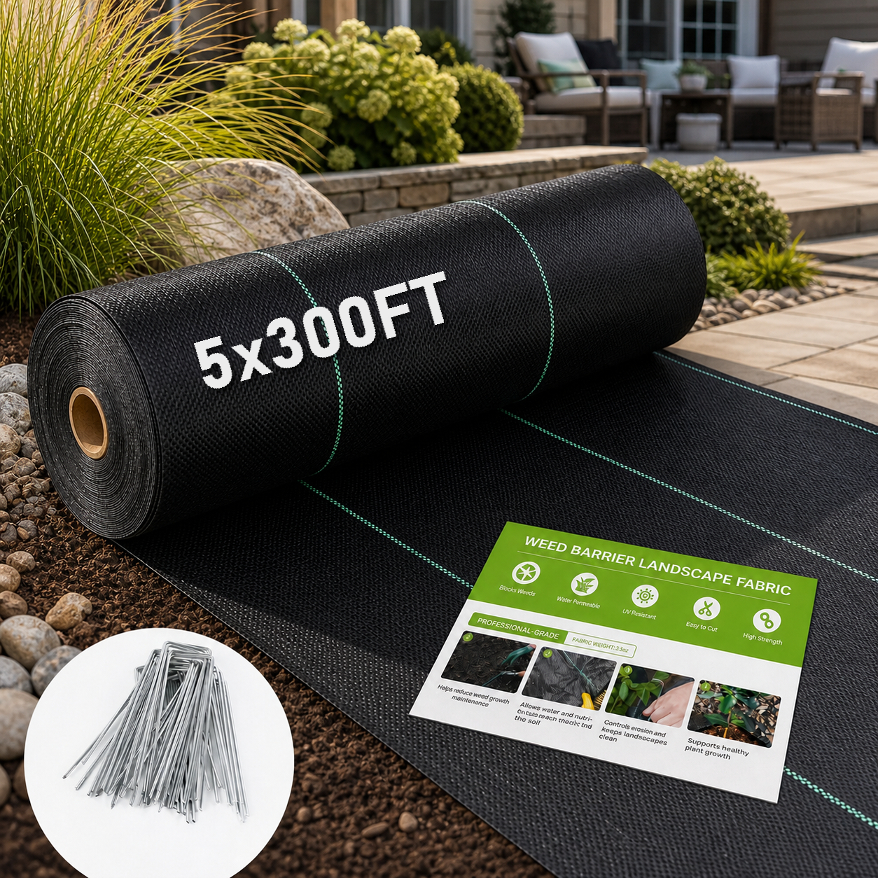 TEMU Heavy Duty Weed Barrier Landscape Fabric, 5x300ft, 3.2oz Woven Weed Control Ground Cover Mat, Permeable Underlayment For Garden Beds, Mulch,