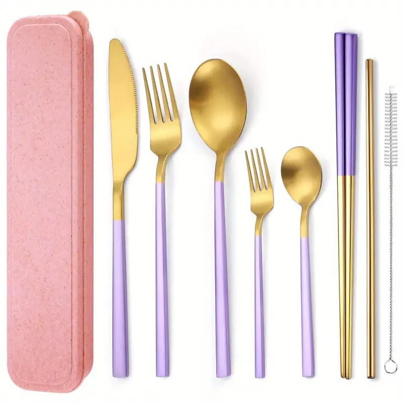 8pcs stainless steel flatware set portable reusable cutlery set travel utensils set including chopsticks knife straws cleaning brush dishwasher safe b purple golden Product details 4