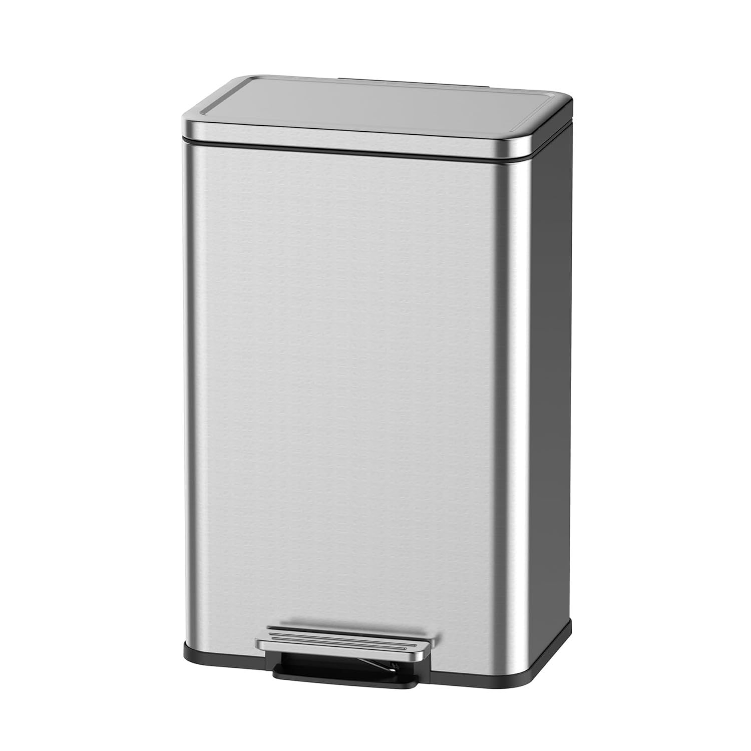 13 Gallon Stainless Steel Trash Can With Foot Pedal, Quiet Soft Close Lid, Removable Inner Bucket, Rectangular Step Trash Can For Kitchen, Office, Living Room, Bedroom