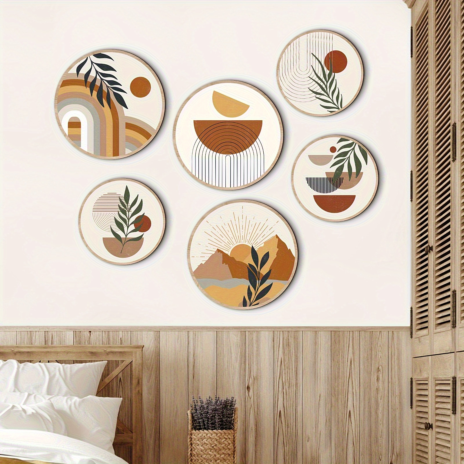TEMU Mural Bohème Plat 2D, 6 pièces, Art Mural Décoratif en Bois pour Salon, Ferme, Mural Bohème Rond, Art Mural Géométrique en Bois Solaire,