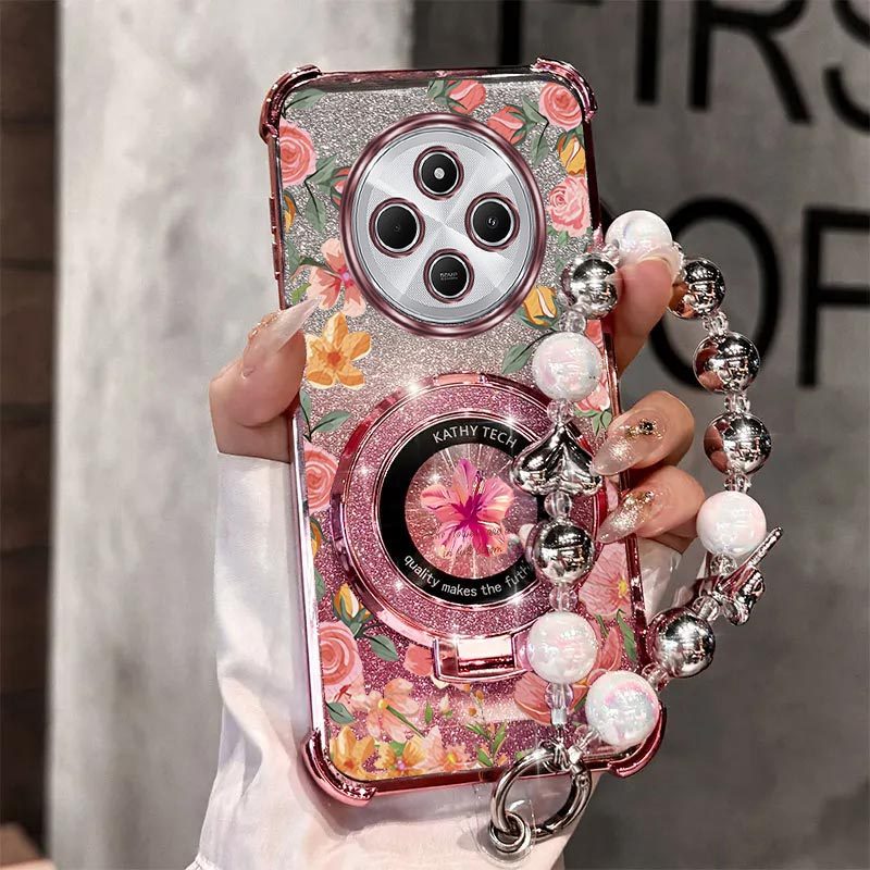TEMU Phone Case: Pearl Wrist Strap Glitter Flower Phone Holder Case For Xiaomi Redmi 14c 4g Redmi14c 4g Anti-knock Shock Proof Stand Mixed Set Back