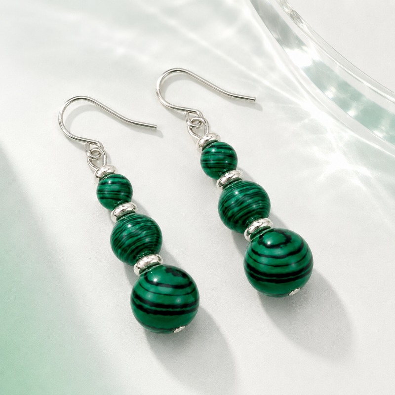 TEMU 1 Pair Natural Malachite Round Bead Drop Earrings, Long Style Graduated Size Beaded Earrings, Vintage Elegant Temperament Women's Earrings,