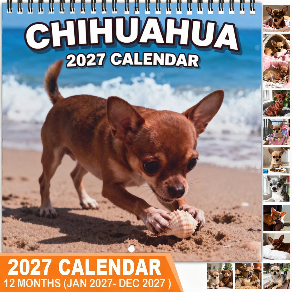 TEMU Calendrier mural 2027 Groupe de chiens de à longue laine - Scène de plage avec chien de à longue laine - Mise en grille de 12 mois avec photos
