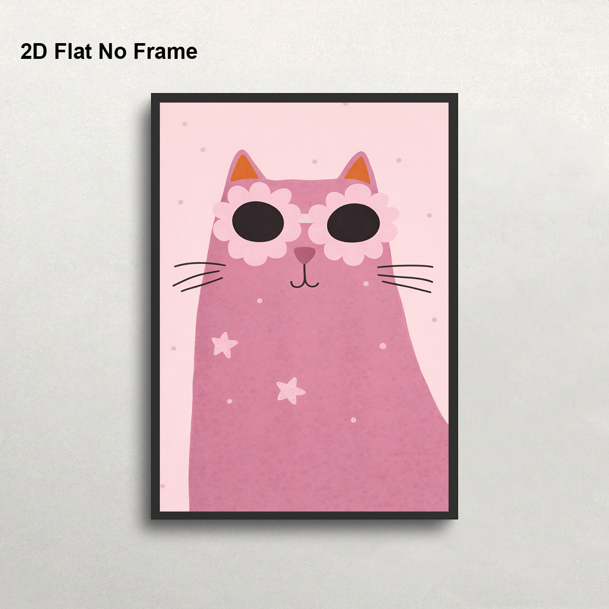 TEMU 2d Flat, 2d Flat, 1pc Frameless Canvas Poster, Cute Pink Cat Wearing Flower Sunglasses With Star Accents, Whimsical Pet Artwork For Home Decor,