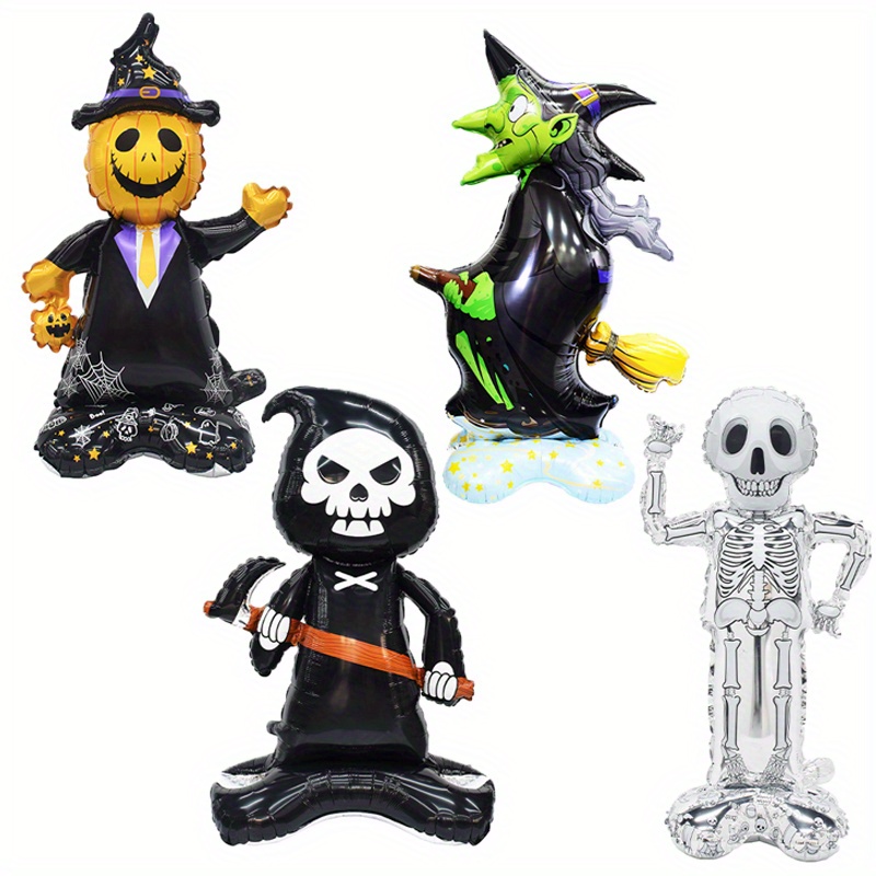 Image of 4pcs Of Small Standing Bases For Halloween, Featuring , Skeleton, And Designs, Indoor Themed Decoration With Foil Balloons, For Christmas