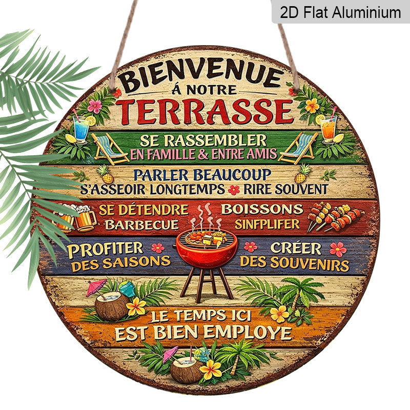 TEMU Panneau Suspendu Plat 2D, 1pc Rond en Aluminium - ' à Notre Terrasse' Règles de Patio Français Art Mural en Métal, Design Tropical BBQ &