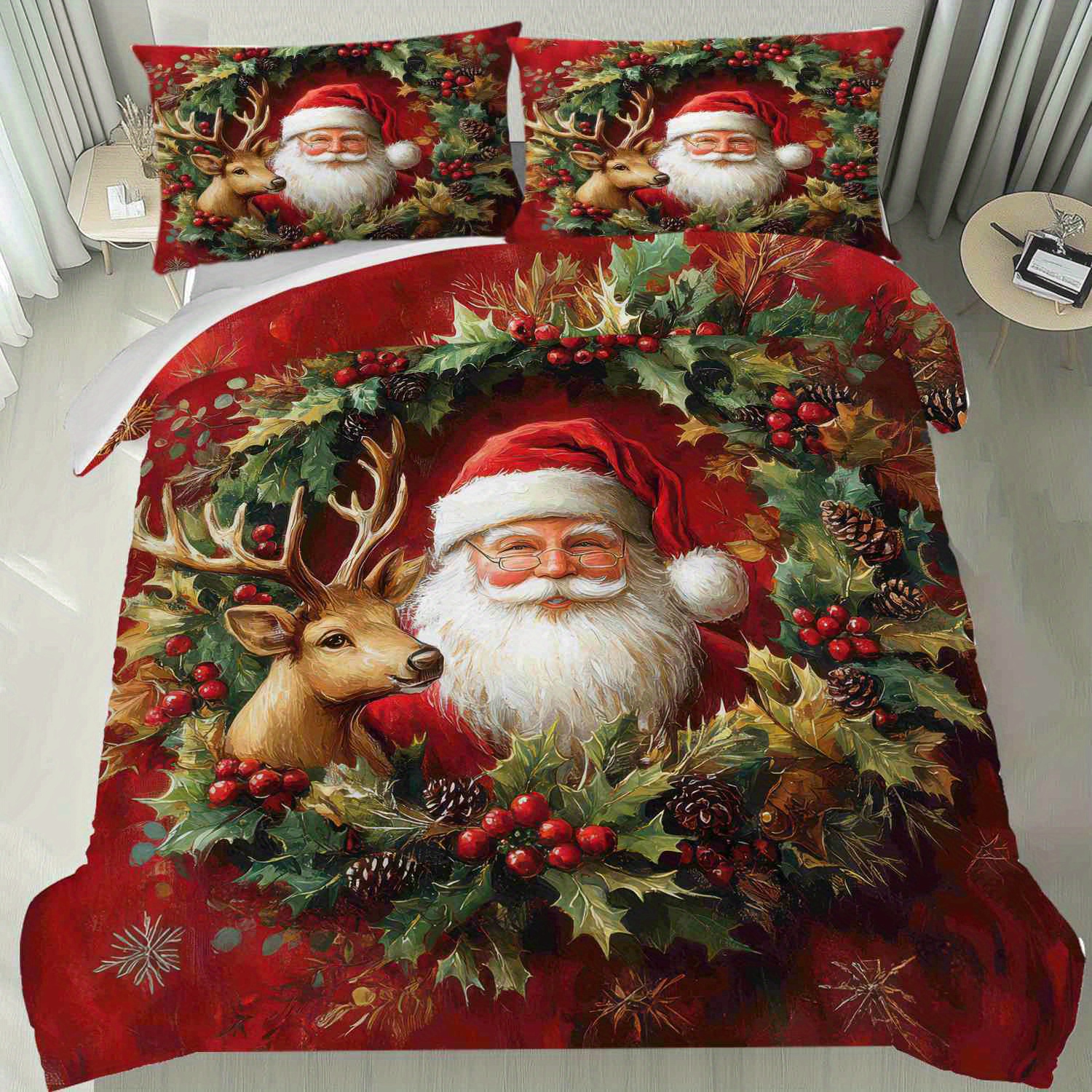 Latacaca 3pcs Merry Christmas Santa Deer Wreath Winter Duvet Cover Set, Pattern, Winter Bedroom Decor, Home Dorm, Ideal For Home Decoration, 1 Duvet Cover And 2 Pillowcases Without Pillows