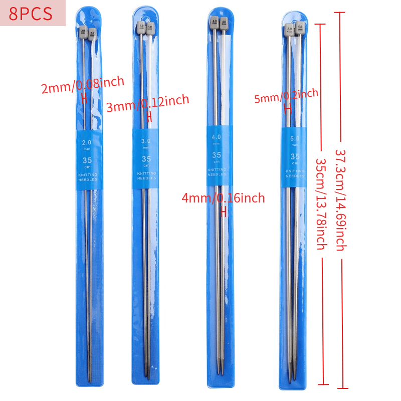 TEMU 8pcs Of Single-ended Stainless Steel Knitting Needles, 35 Cm In Length, Including Sizes 2mm, 3mm, 4mm, And 5mm, Suitable For Knitting Projects,