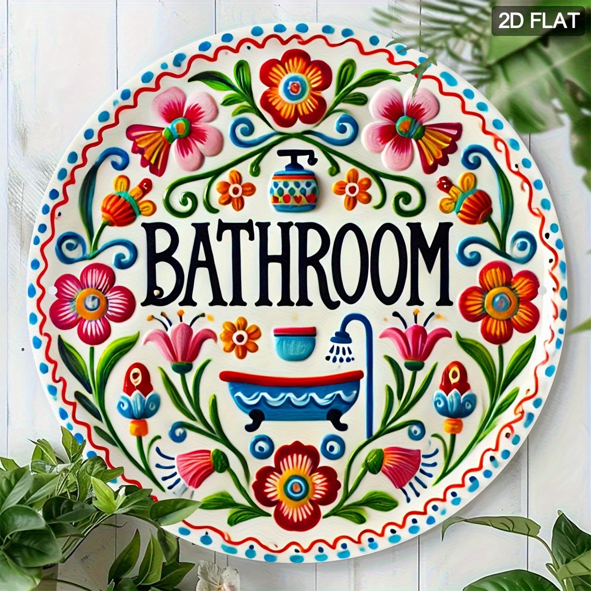 2d Flat 1pc Floral Style Bathroom Signage Round Sign For Home Store Restroom Wall Decor, 19.81x19.81 Cm Round Trim, 2d Flat