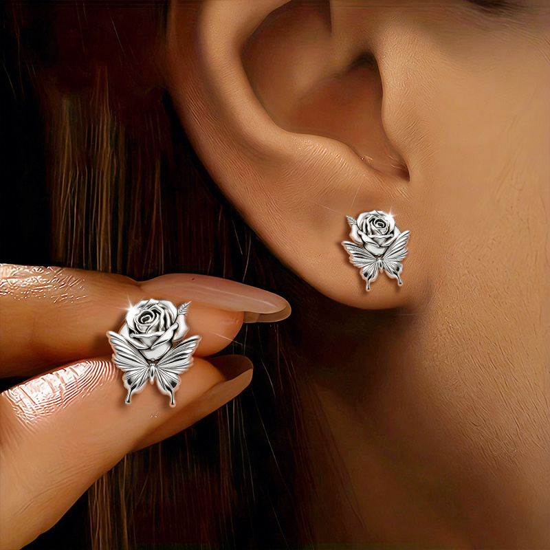 TEMU 1 Paire de Clous d'Oreilles Papillon et Rose pour Femme - Élégants & Papillon/Rose, Minimalistes Adaptés à Toutes , Tenue Quotidienne, , Fêtes,