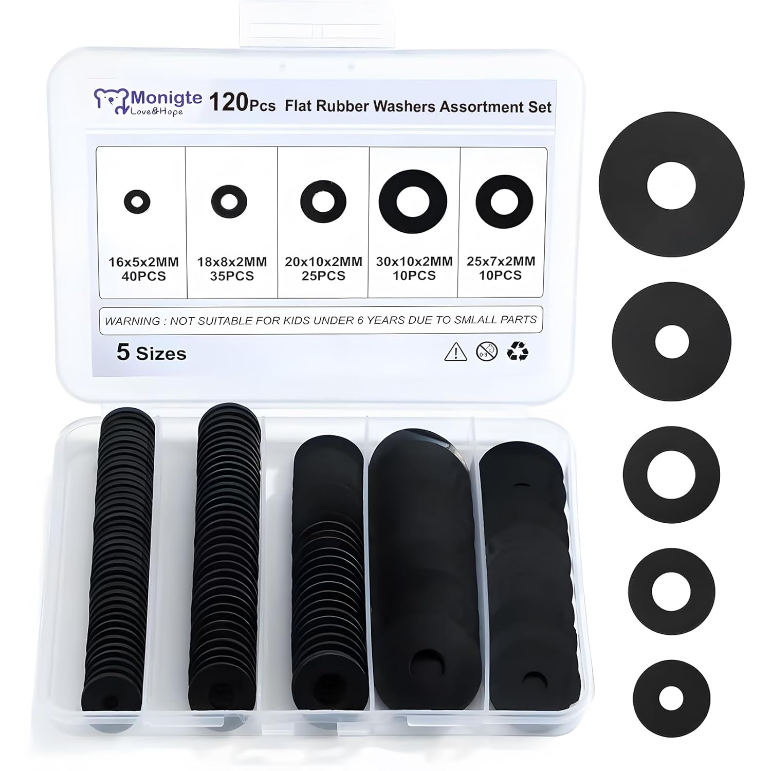 Image of 120pcs Flat Rubber Washers Assortment Kit, 16/18/20/25/30mm Black Washer, Vibration Absorbing Pads Sealing Rubber Washers For Faucets Garden Bolts Screws Hose Plumbing Shower Head- 5 Sizes