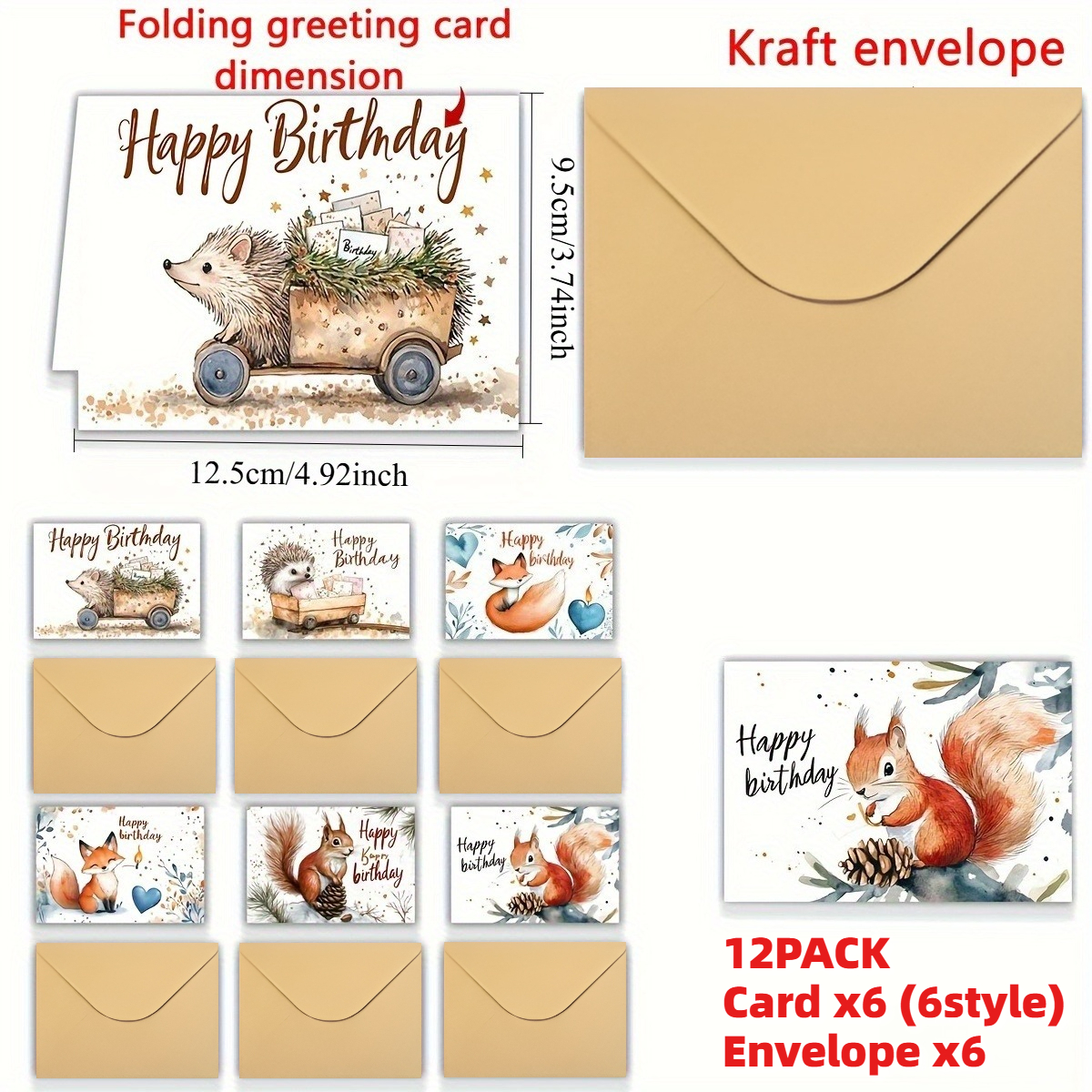 TEMU 12 Hand-drawn Hedgehog, Squirrel, And Fox Birthday Cards With Envelopes - Featuring Adorable Animal Illustrations, Birthday Text, And Floral And