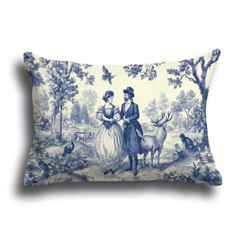TEMU 1 Housse de Coussin Toile de Style Française - Housse de Coussin Douce en Peluche Bleue et Blanche avec Fermeture Éclair, 12x20 Pouces/30x50 cm,