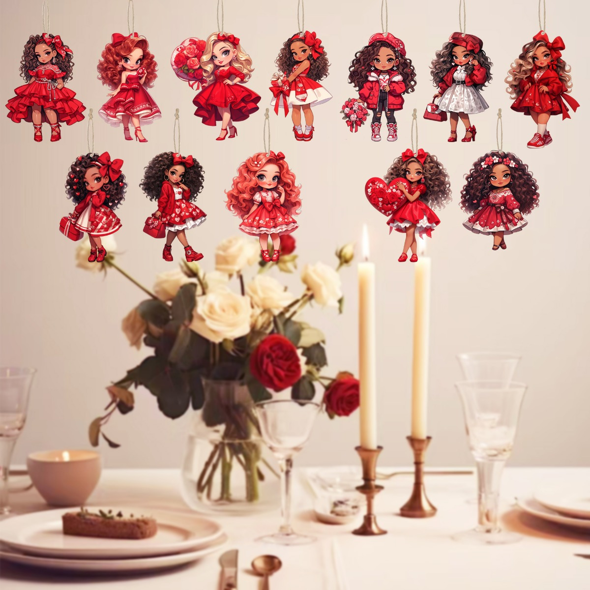 

12pcs/set Valentine's Day Wooden Pendant Decorations, Curly Hair Girl Figurines, No-electricity Ornaments For Party, Window, Restaurant Display, Ideal Gift