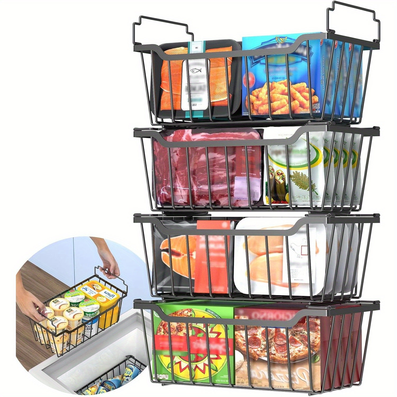 TEMU 8-pack And 4- Organizer Bins - Stackable And Foldable Handle Metal Storage Baskets For Deep Chest Freezer Organization (3.5-7 Cu.ft) - Space