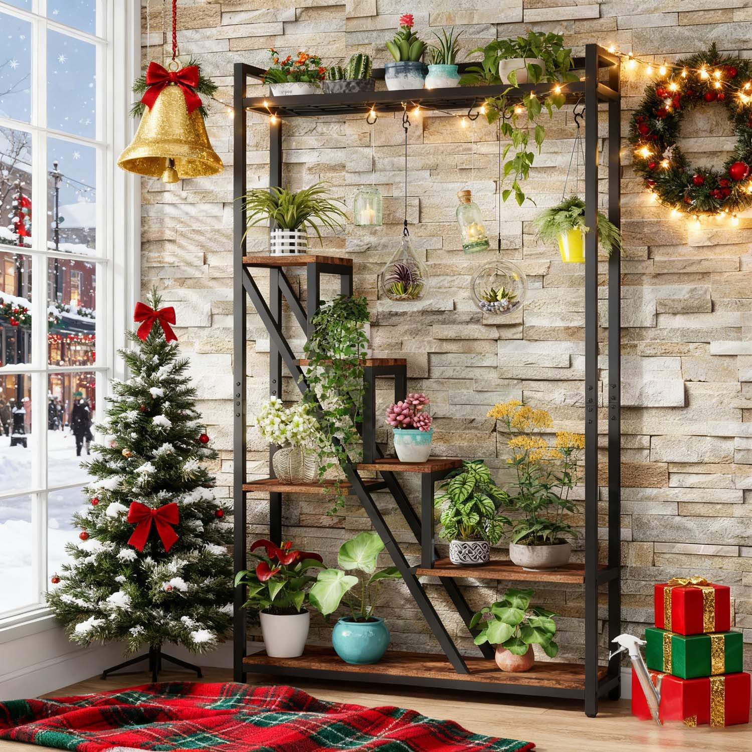 TEMU 70.9 Inches Tall Indoor Plant Display Stand, Featuring A Spacious 7-tier Metal And Wood Flower Shelf Equipped With 5 S-hooks, Perfect For