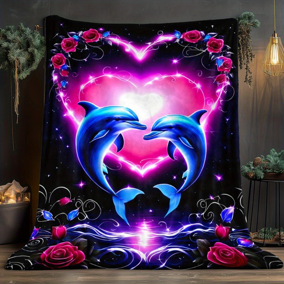 TEMU 1pc Love Dolphin Blanket | Romantic Dolphin Couple Design With Floral Roses - Soft Flannel Throw For Couples, Anniversary, Valentines Gift -