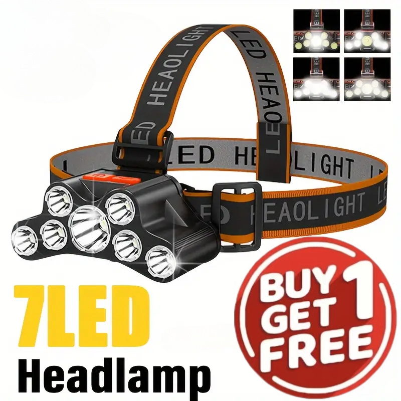 

2pcs 7led Headlamp With Adjustable Strap - Usb Rechargeable, 4 Flashlight For Camping, Hiking, Running & Hunting