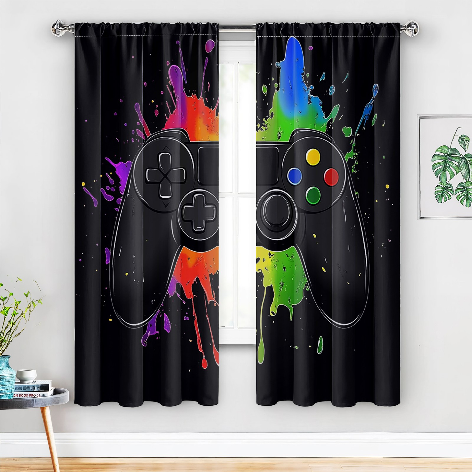 

2pcs Gaming Blackout Curtains Set - Game Controller Design, Polyester Window Drapes For Boys & Teens Bedroom Decor, Decor Curtains