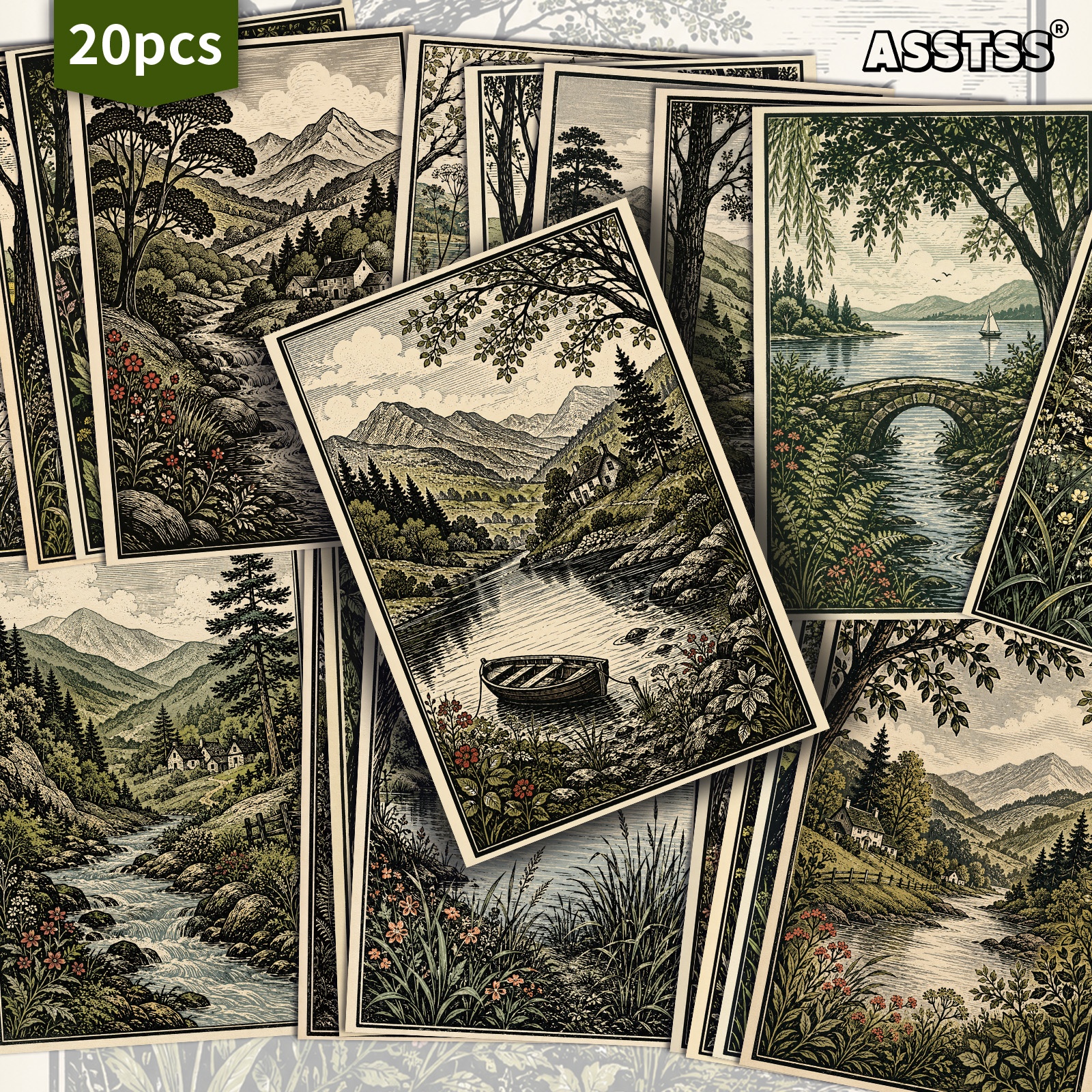 TEMU Lot de 20 cartes postales ASSTSS Forêts et Vintage - 4X6 pouces, fournitures de journal rétro, illustrations classiques, cartes de peinture