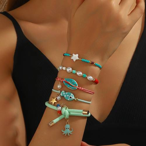 5pcs Summer Beach Ocean Style Woven Stackable Bracelet Bead Set for Women, Perfect for Vacation, Parties, and Daily Wear