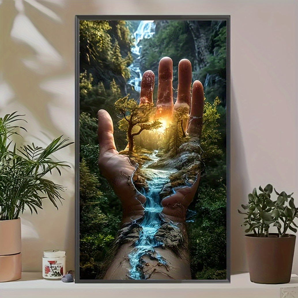 Image of Mahuniya New Diamond Painting Kit For Adult- Hand, Natural Landscape, Waterfall, Surreal Art-big Diy Painting - Frameless 5d Round Diamonds - Home Decor - Puzzle Entertainment 40x70cm/15.75x27.56inch