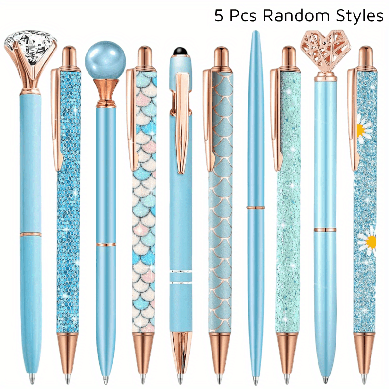 Image of 5pcs Random Style Ballpoint Pens Set, Metal Pen For Journaling Glitter Stationery Black Fancy Gifts For Teacher Office Wedding Back To School Christmas Graduation Supplies