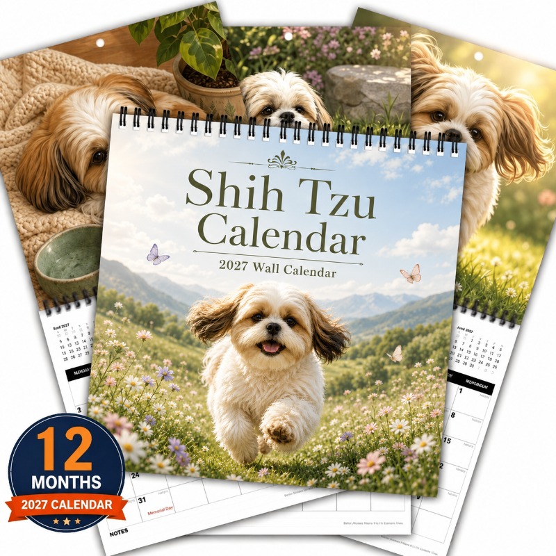TEMU Calendrier mural 2027, Calendrier mural Shih Tzu 2027, Calendrier suspendu 12 mois avec reliure spirale à double fil, Grands d'écriture, Fêtes