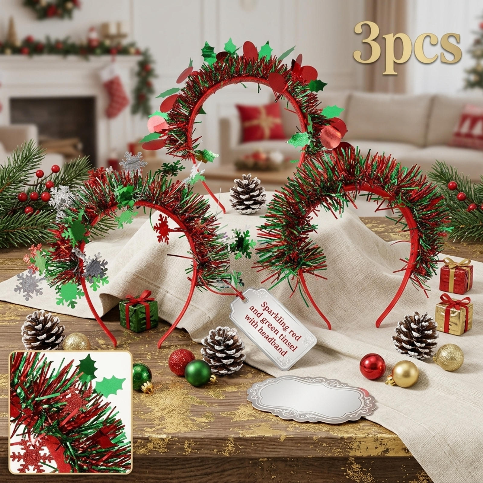 TEMU 3pcs Mixed Set Christmas Ribbon Headbands, Red And Green Shiny Thread Snowflake Sequin Holiday Headbands For Adult Women And, Christmas Party