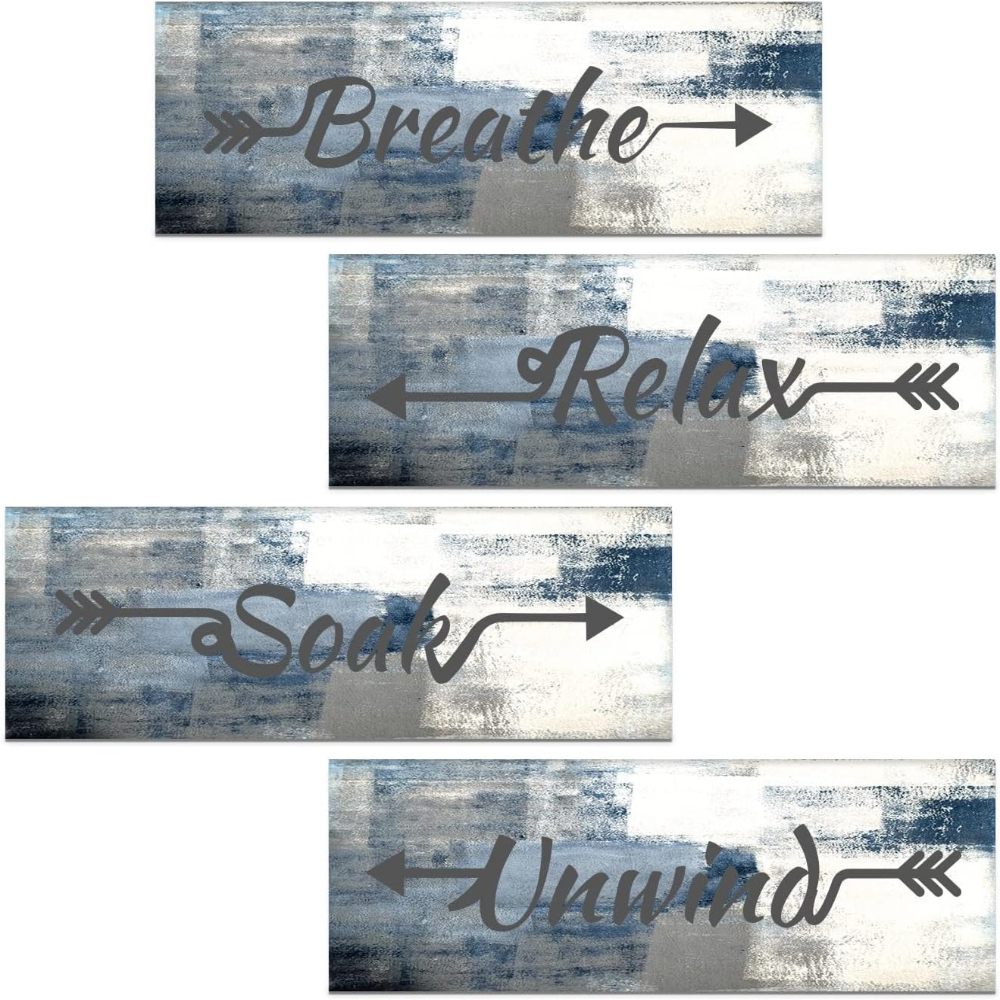 4pcs Wooden Art Decor, Blue Bathroom Mural, Relaxing Soak And Breathe Sign Decor, Wooden Hanging Mural Art Decor For Bathroom Spa Room