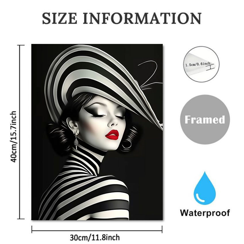 TEMU 1pc Modern Art Deco Black & White Fashion Canvas Print With Wooden Frame â Elegant Woman In Striped Hat & Red Lipstick, Ready-to-hang Wall Art
