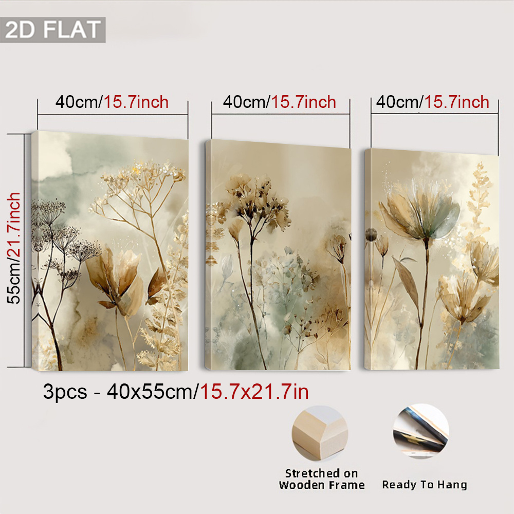 TEMU 2d Flat, 3pcs Framed Botanical Watercolor Prints - Vertical Floral Canvas Paintings In Earthy Tones (,), Modern Muted Hues Suitable For Living