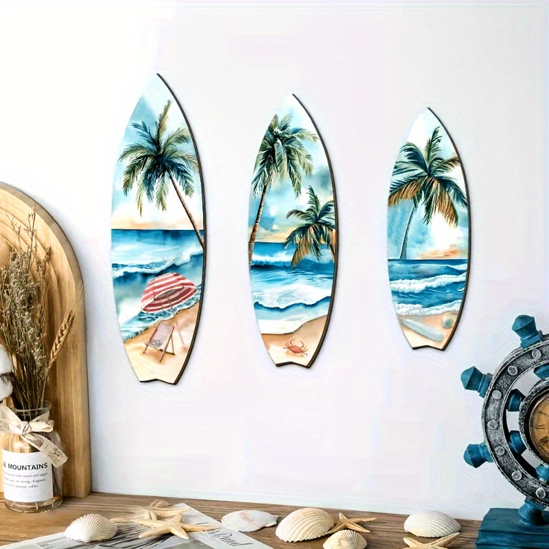 TEMU Plat 2D, 1 lot de décorations plates 2D en bois pour planche de surf (3 pièces), suspensions murales en bois pour planche de paddle de plage
