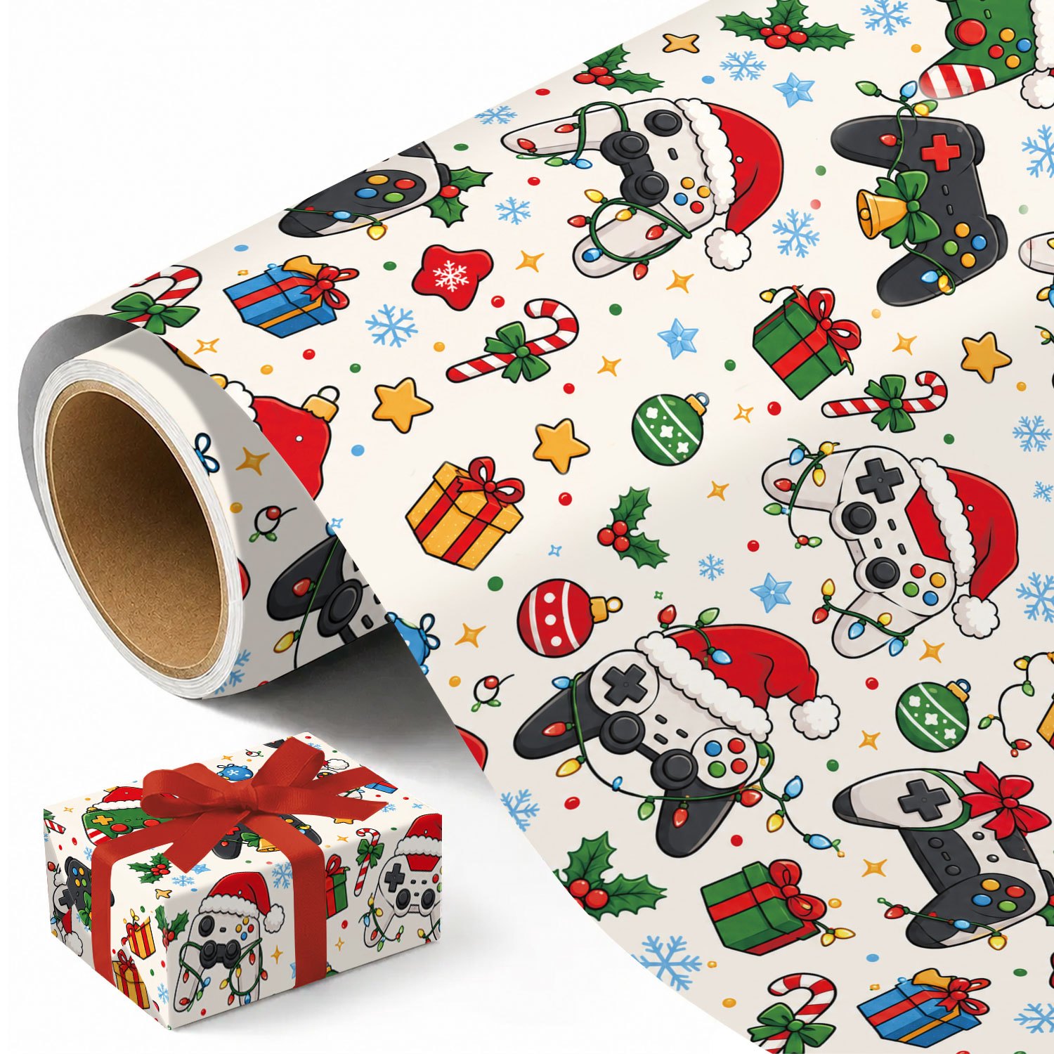TEMU 1 Rouleau de sur le Thème des Manettes de Jeux. Papier d'Emballage de Noël, de Fête avec des Manettes de Jeux, des Chapeaux de Père Noël, des