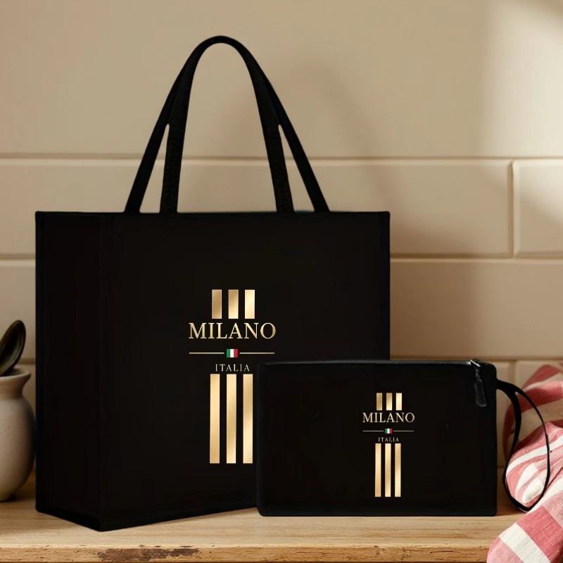 TEMU Vintage Golden Italian Striped Print Handbag Set, Ins-style Lightweight With Large Capacity, Suitable For Daily Use, , And Travel To The Beach -