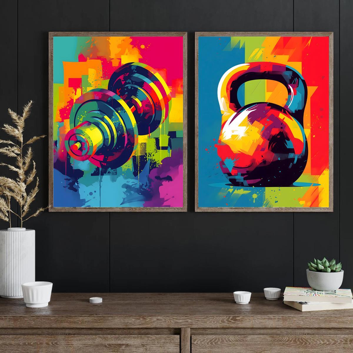 2pcs Wooden Frame Gym Artwork – Dumbbells Kettlebells Colorful Fitness  Motivational Wall Art, Waterproof Canvas Poster for Home Gym