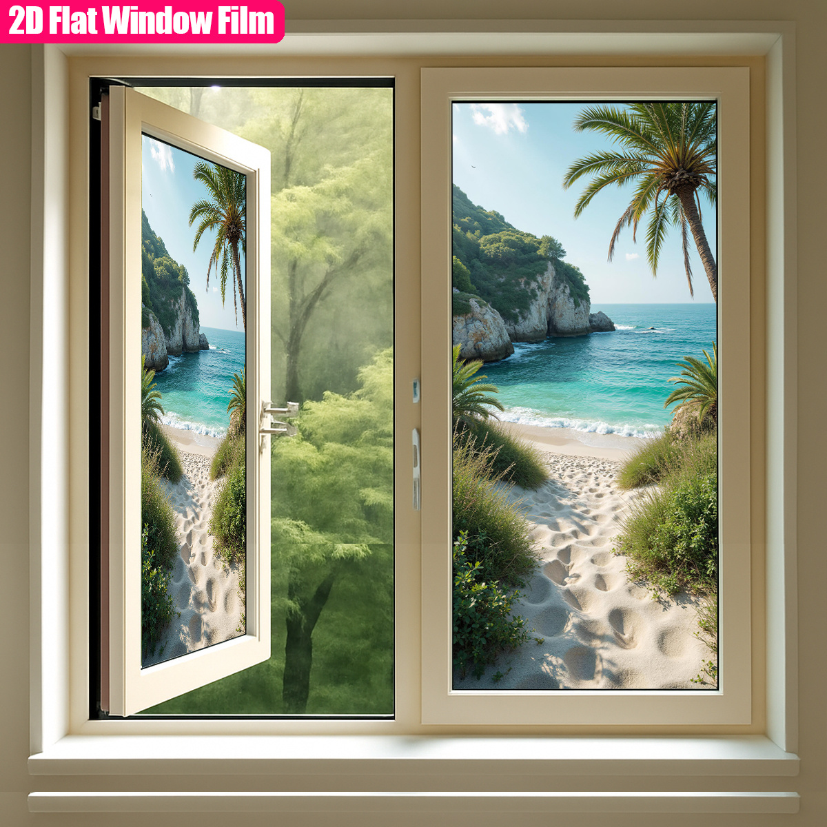 TEMU 1pc, Frosted Static Cling Pvc Window Film Beach Pathway With Palm Trees And Turquoise Sea Window Film Decorative Cling Film For Home Decor