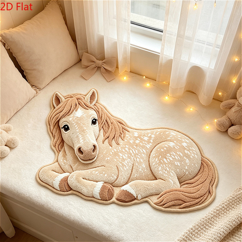 TEMU Velvet 900g 9mm 2d Flat Cute Cartoon Pony Entrance Hall Irregular Shaped Rug, Living Room Sofa Coffee Table Rug, Ins Cream Style Bedroom