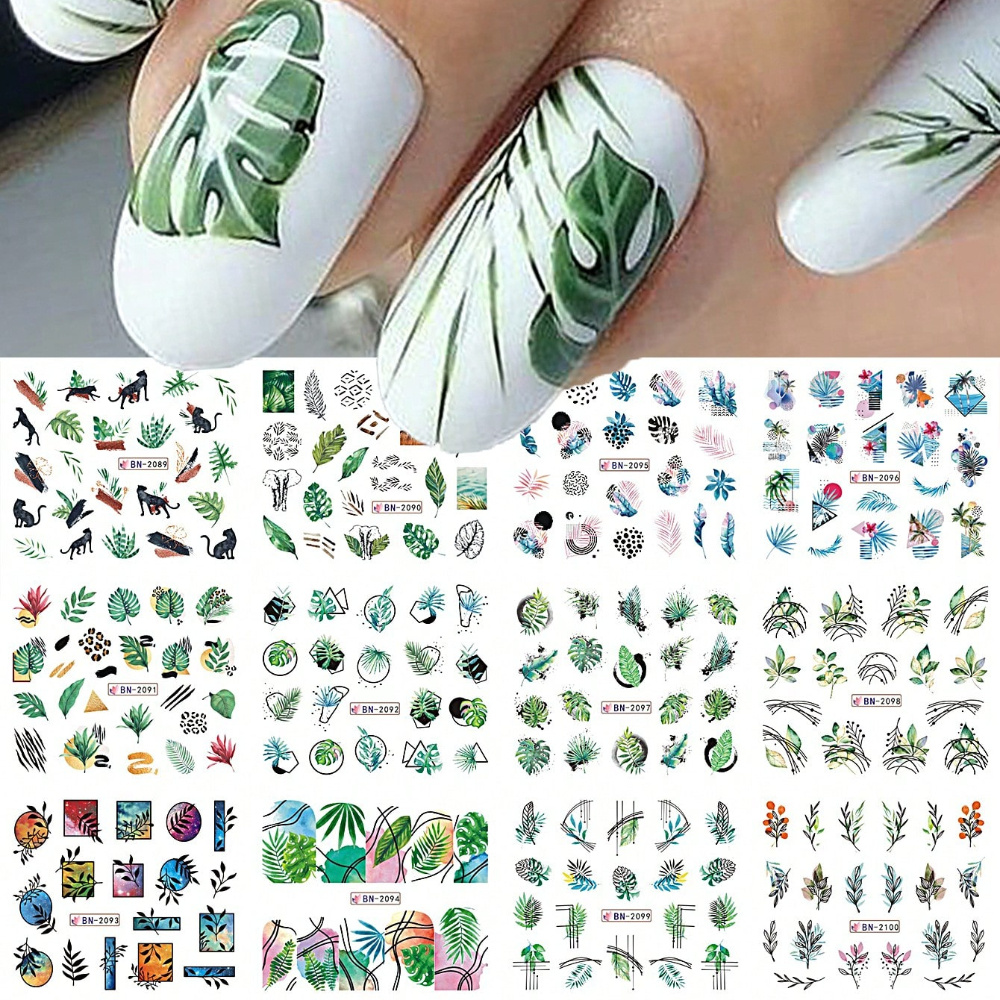 TEMU 1 Foglio con 12 Design di Foglie di Palma per Trasferimento su Adesivi per Unghie, per Decorazioni e Progetti di Nail Art a Tema