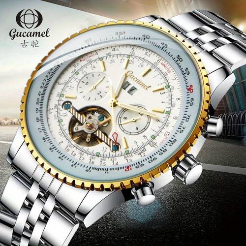 ancient mens automatic mechanical watch hollow tourbillon chronograph large dial with date indicator elegant business watch for formal casual wear