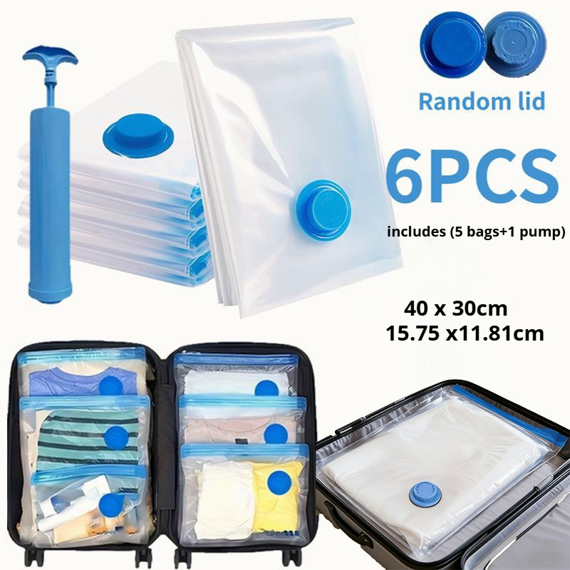 6pcs Includes (5 Bags+1 Pump), Portable Plastic Travel Bag Clothes Storage Bag, Suitable For Blankets, Bedding, Clothes, Quilts, Duvets, Supplies, Must-have Storage Space- Bag