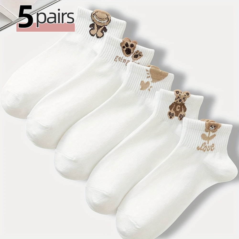 TEMU 5 Pairs Of White Socks With Bear And Flower Prints, Cartoon Style, Soft, Breathable, Comfortable, Suitable For All