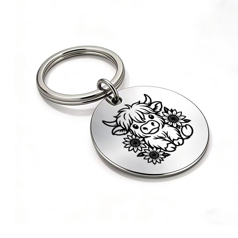 TEMU 1pc Metal Laser-engraved Keychain, Scottish Highland Cow And Sunflower Cute Line Art Keyring, A Commemorative Gift For Artistic And Lovers,