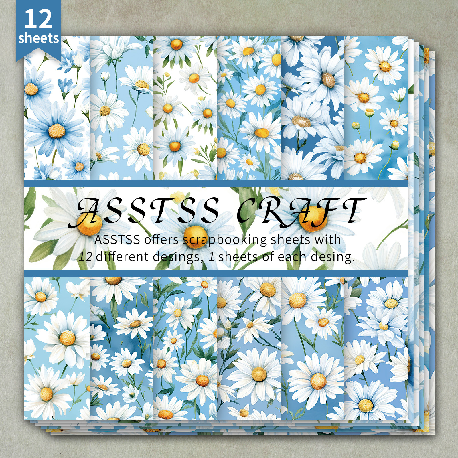 TEMU 12-sheet Asstss 6*6-inch Scrapbooking Paper Pad, Daisy Watercolor Backing Paper Supplies, Heavyweight Cardstock For Journaling, Collage Art,