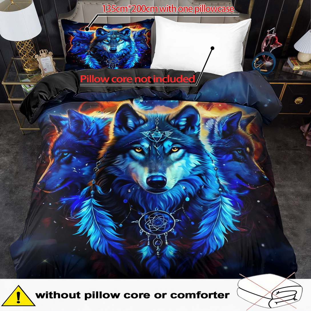 E-shop 2/3-teiliges Bettbezug-Set, Bettbezug-Set mit blauem Gothic-Wolf-Druck, Bettwäsche im King-Queen-Stil, maschinenwaschbares Polyester,
