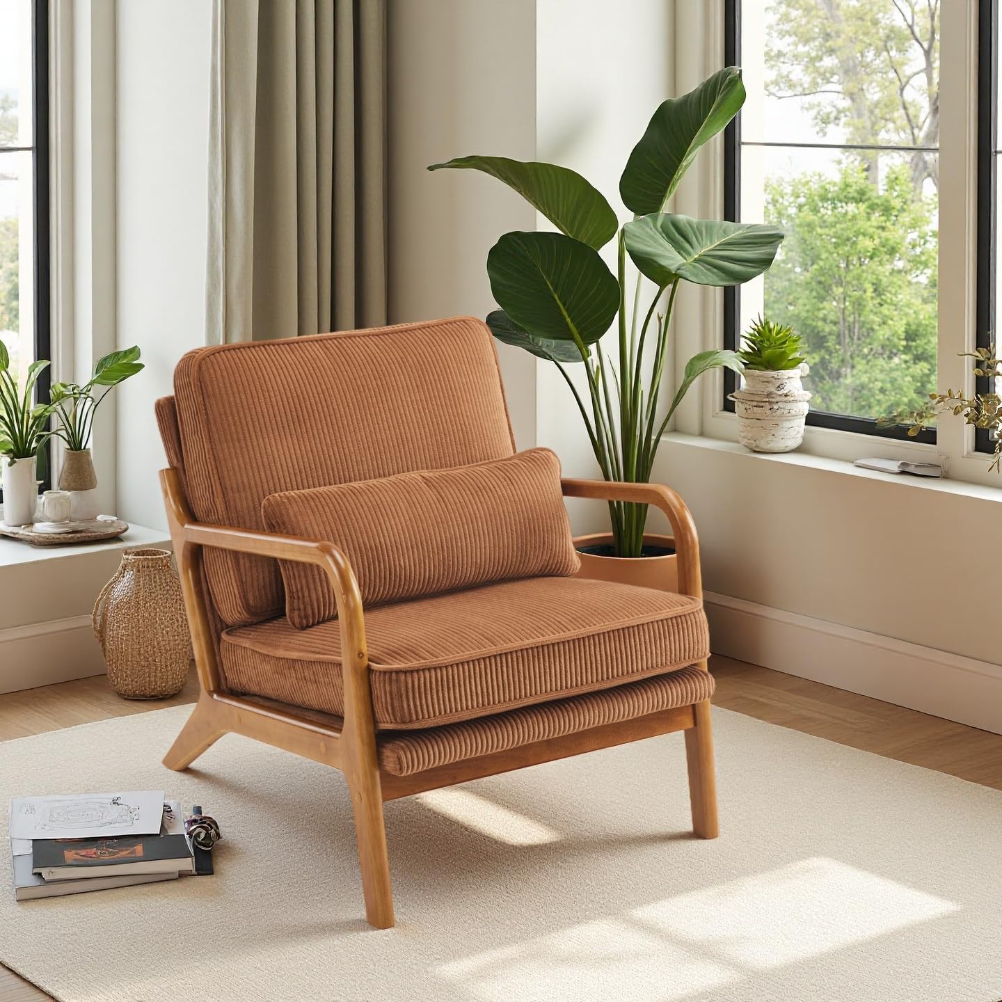 Image of Bonnlo Chair, Upholstered Cocktail Chair, Modern Lounge Chair, Wingback Chair For Living Room, Solid Wood Padded Accent Chair, Reading Chair, Load Capacity Up To 200kg, Corduroy Fabric (brown)