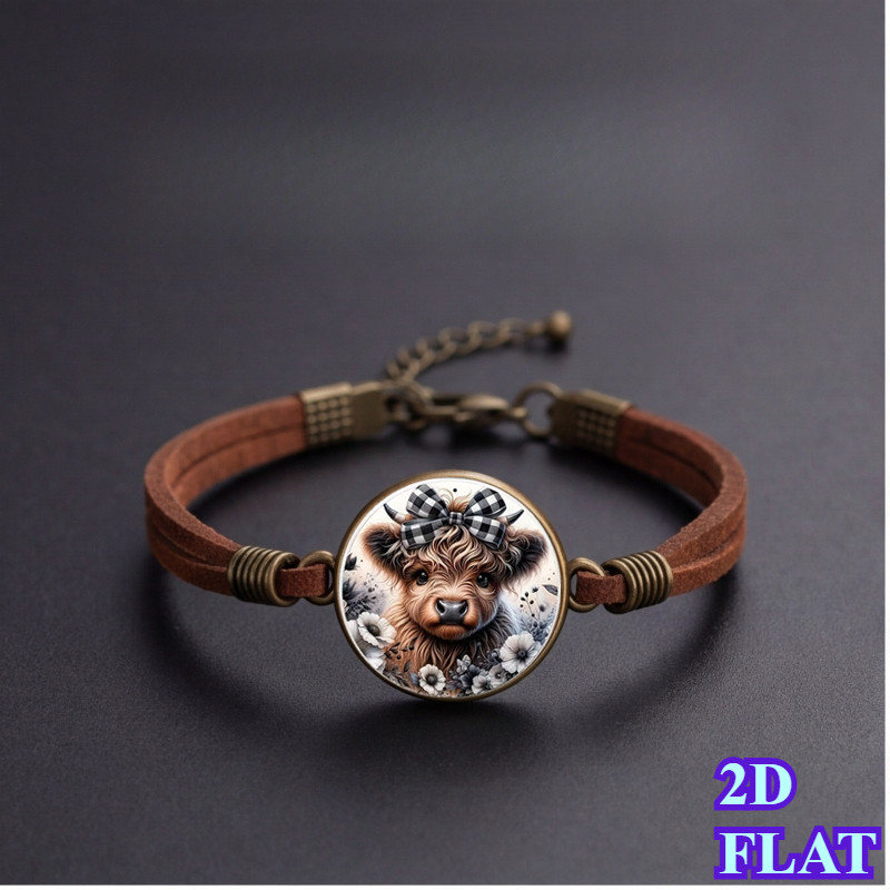 TEMU 2d Flat - 2d Plane "soft And Cute Highland Cow Bow-themed Retro Bracelet - For Pastoral/ Gifts! Highland Cow Printed Round Card Wearing A Black