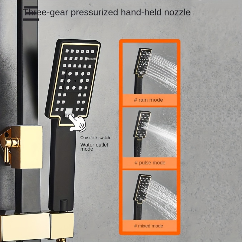 Luxury Black Golden Square Shower Head - Wall-Mounted with Extension Rod, 4 Adjustable Spray Settings, Stainless Steel & Painted Finish, Dual Function Controls for Full Body Coverage, No Electricity Needed