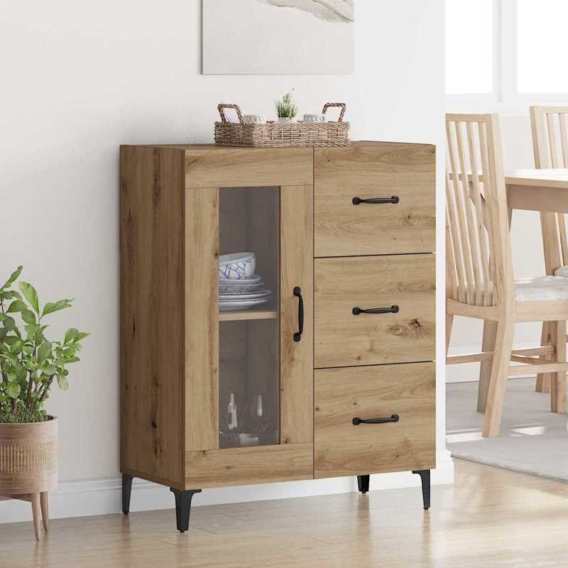 TEMU Artisan Oak Sideboard Cabinet With - Modern European Style Large Storage Furniture, Natural Oak Wood & Metal Frame, 69.5x34x90cm, For Living
