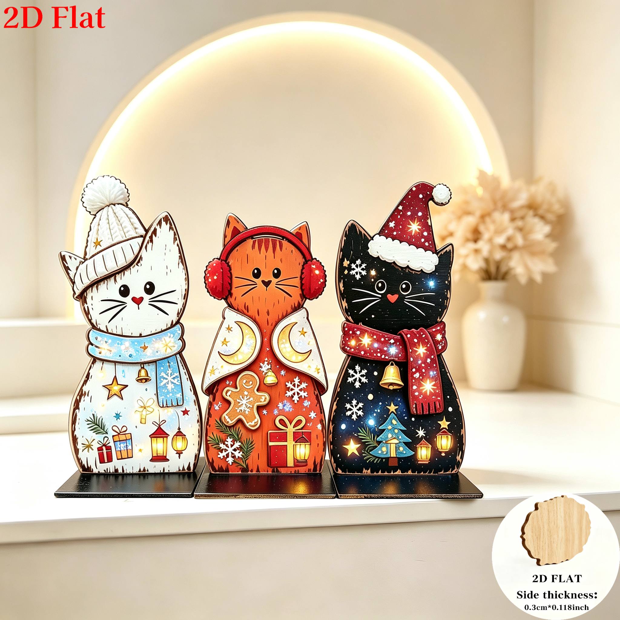TEMU 2d Flat, 3pcs Set, Christmas Cat Wooden Ornament Set, For Autumn And Winter Home Decor, To Be On Windowsills, Entryway Cabinets, Desks, Dining